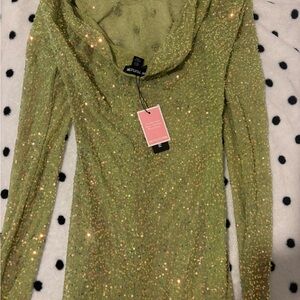 PrettyLittleThing lime sheer sequin cowl back dress